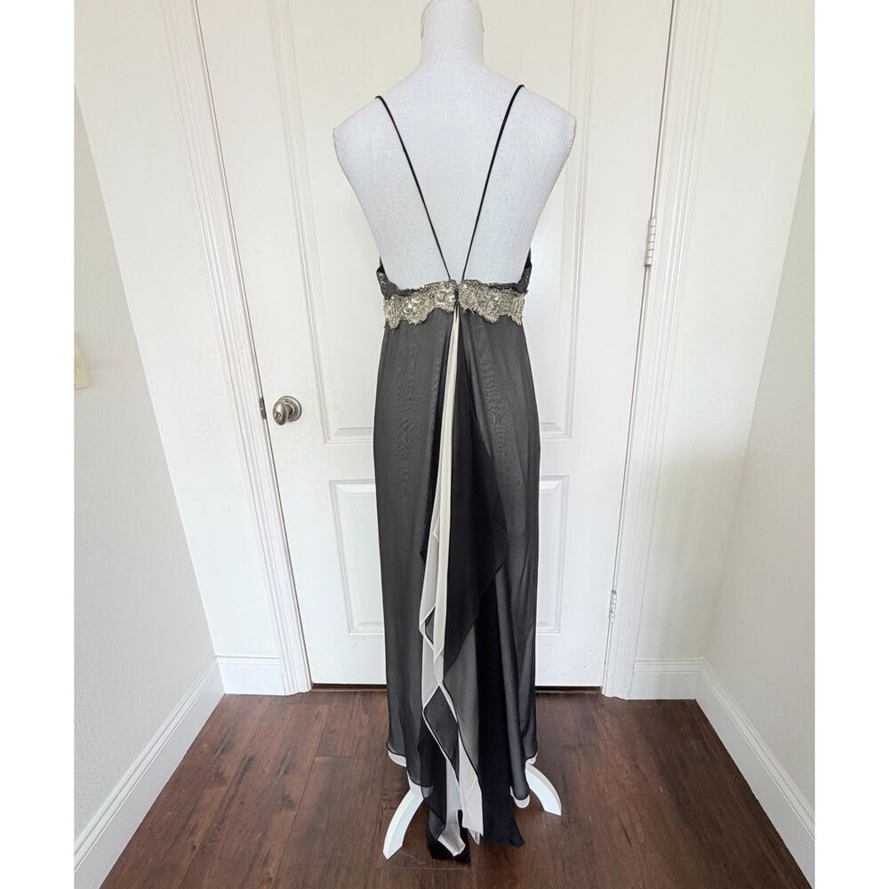 Vtg 90s Del Rosario Silk Halter Maxi Dress Black Silver Beaded Gown 8 - Picture 3 of 12